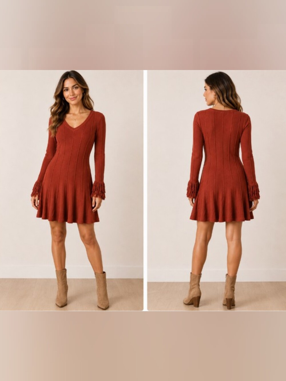 Nina Leonard Rust Knit Fit-and-Flare Dress with Fringe Sleeves - Picture 7 of 9